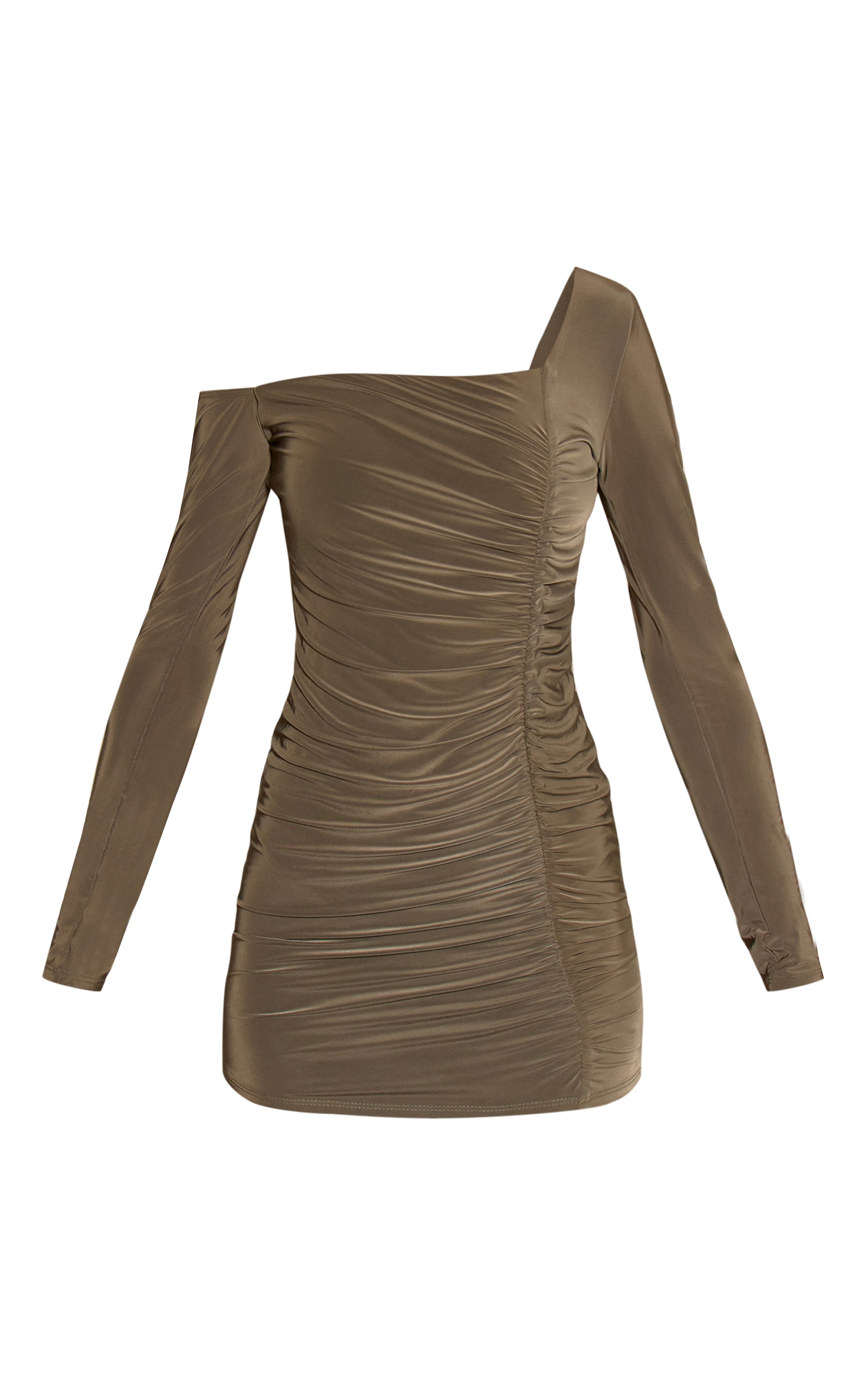 Khaki Double Layer Slinky Asymmetric Ruched Long Sleeve Dress image 5