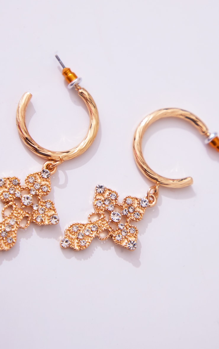 Gold Jeweled Hoop Cross Earrings PrettyLittleThing