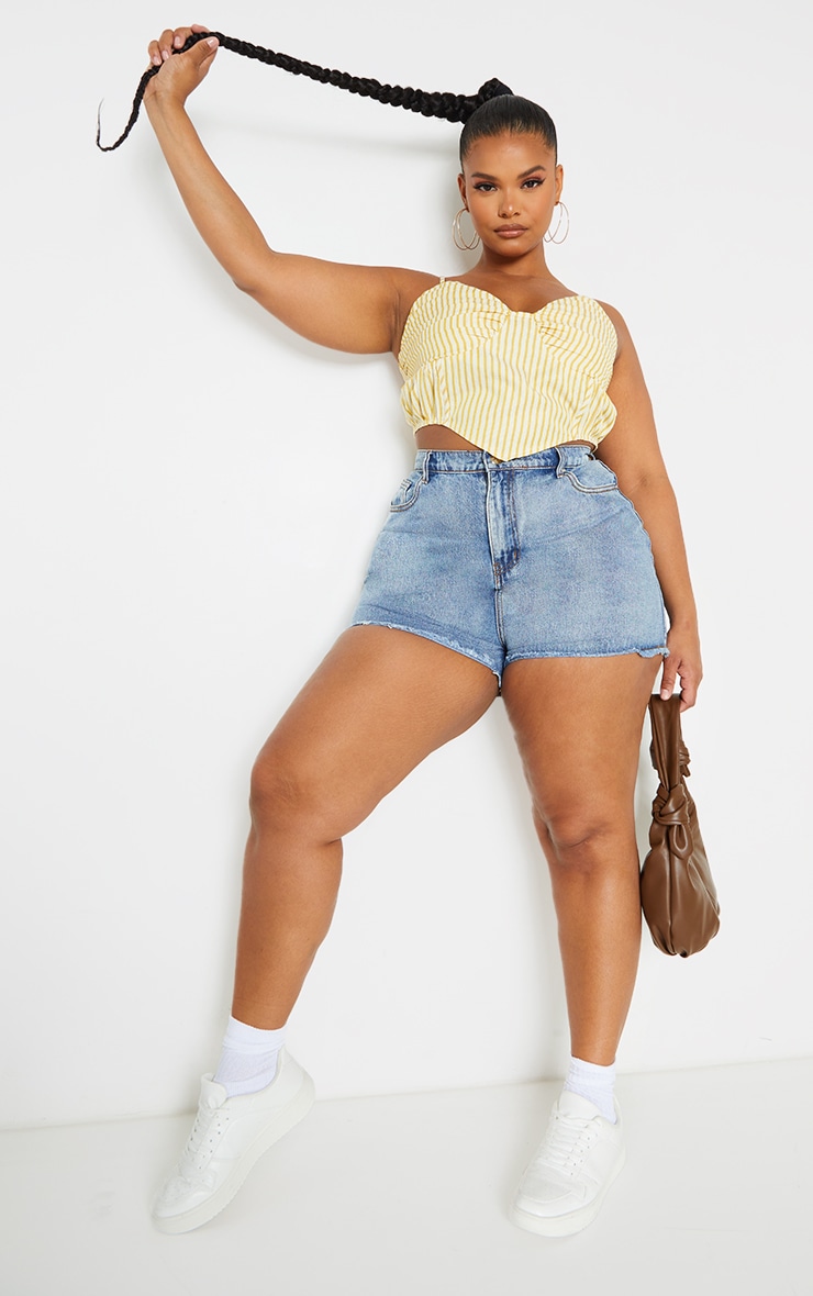 Plus Yellow Stripe Curved Hem Ruched Cup Crop Top