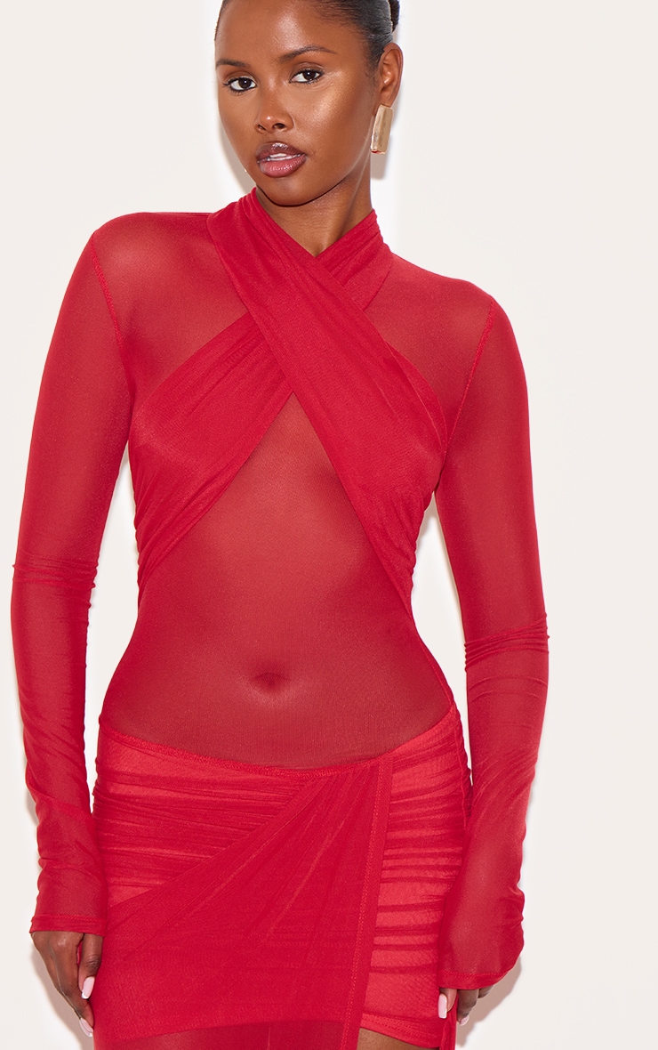Red Mesh Crossover Bust Detail Ruched Skirt Maxi Dress image 4