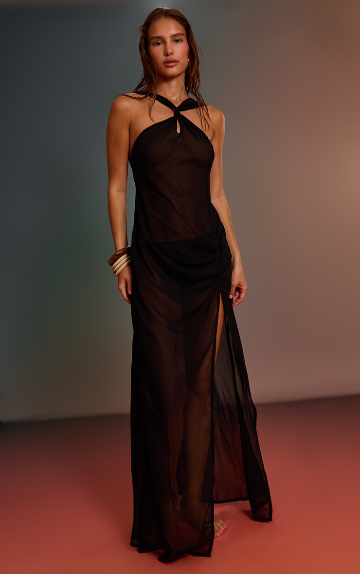 Black Halter Neck Chiffon Maxi Beach Dress image 1