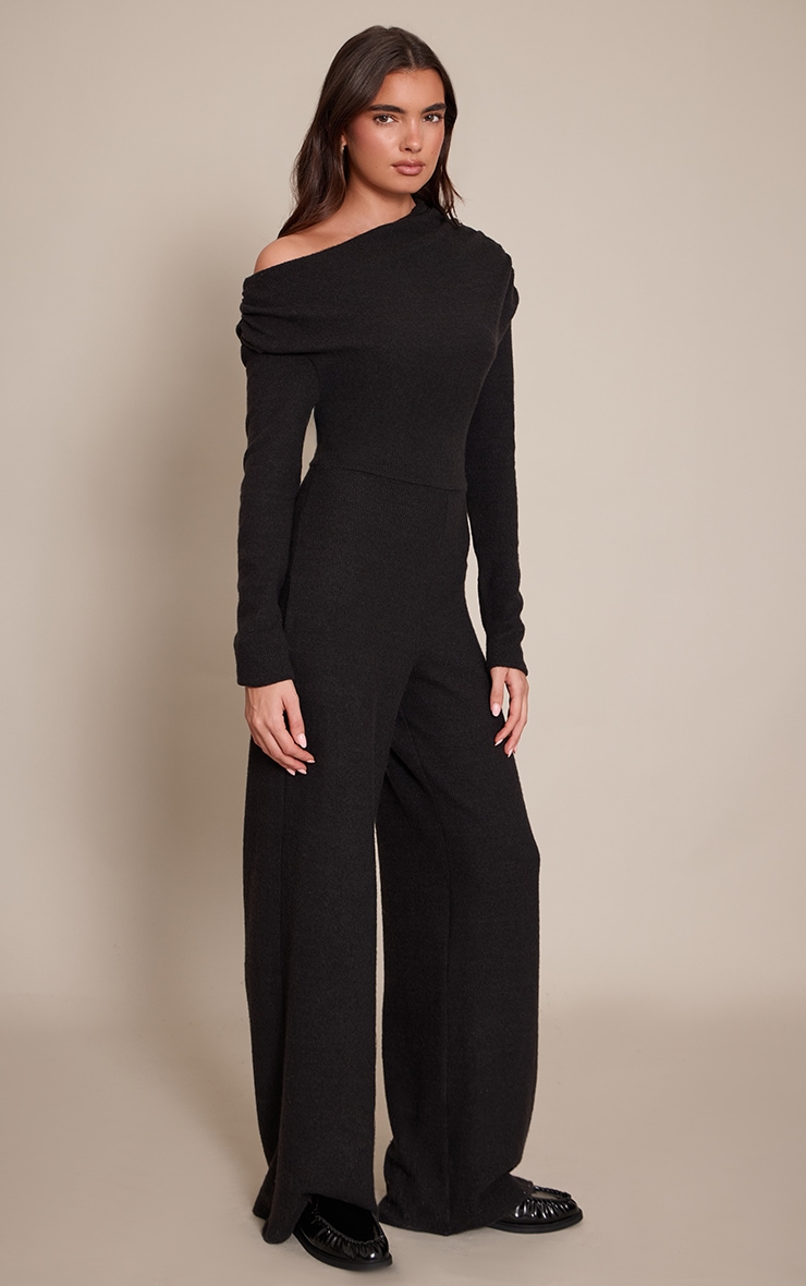 Black Ribbed Asymmetric Neck Wide Leg Jumpsuit image 3