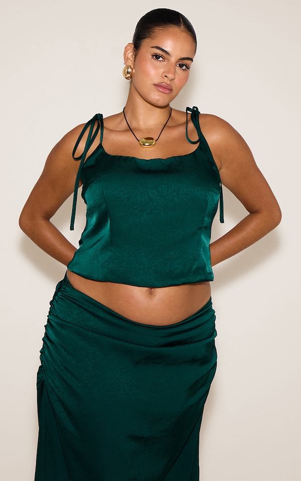 Plus Dark Teal Satin Strappy Ruched Top