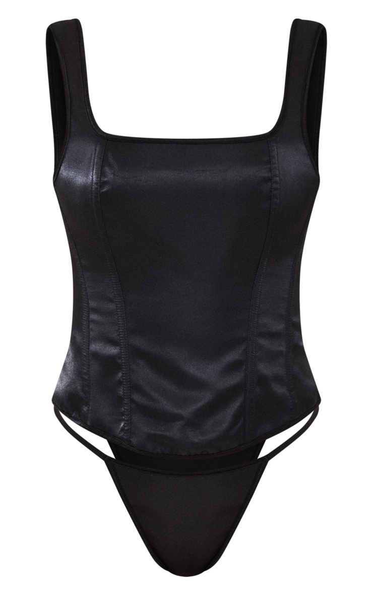 Black Satin Square Neck Lace Up Corset Set Lingerie Nightwear