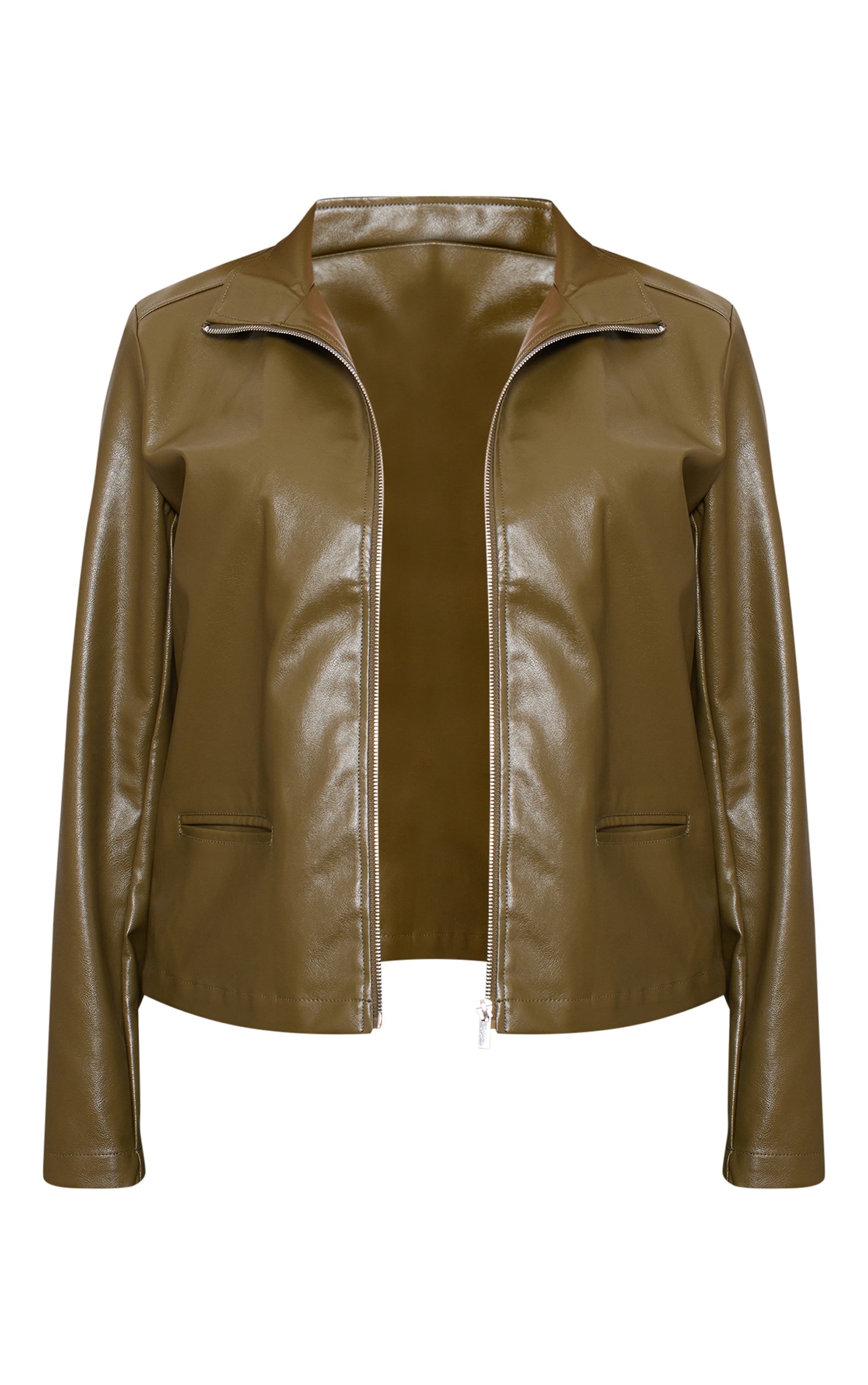 Dark Green Faux Leather Longline Zip Up Jacket Outerwear PLT KSA