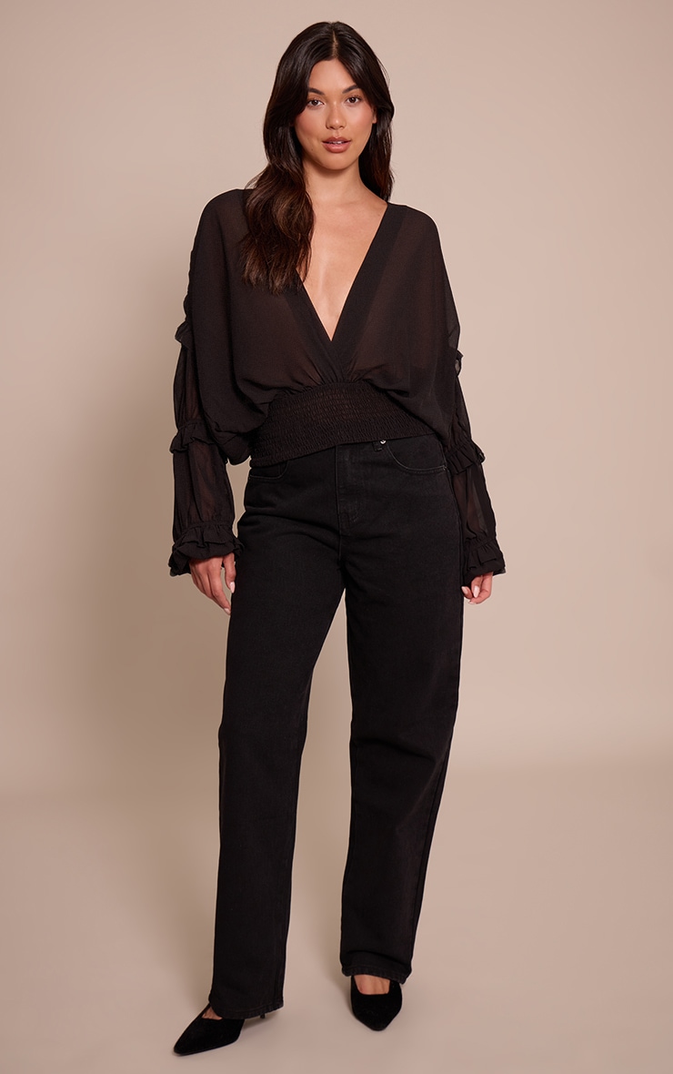 Black Chiffon Ruffle Detail Plunge Blouse