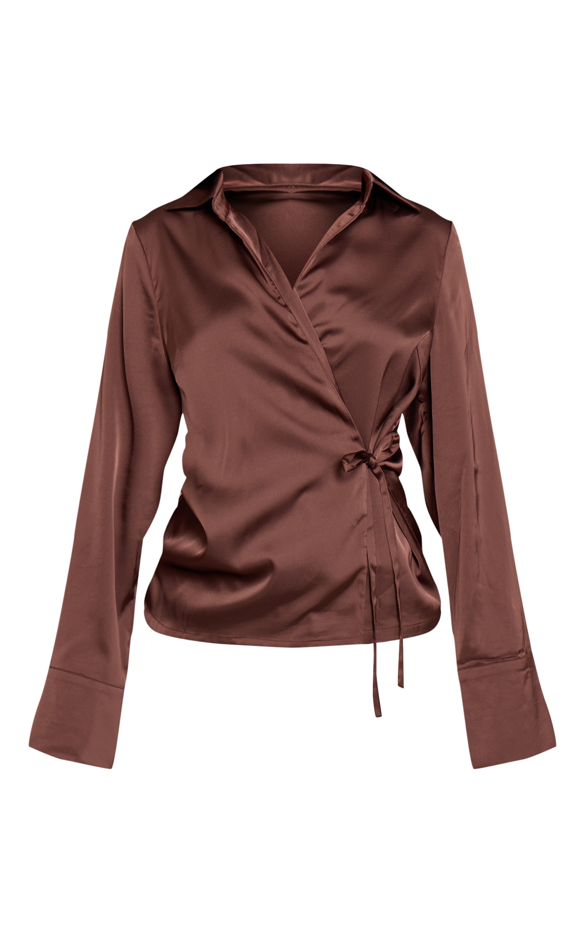 Chocolate Satin Tie Waist Detail Slouchy Shirt image 5