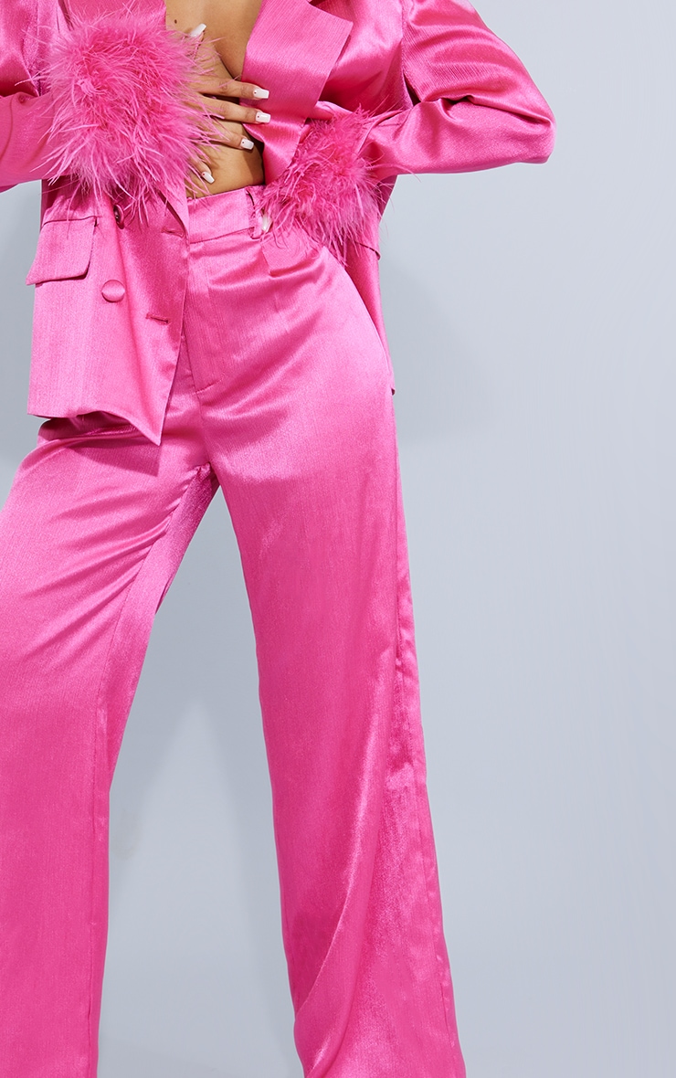 Petite Hot Pink Oversized Satin Feather Cuff Detail Suit Trouser image 4