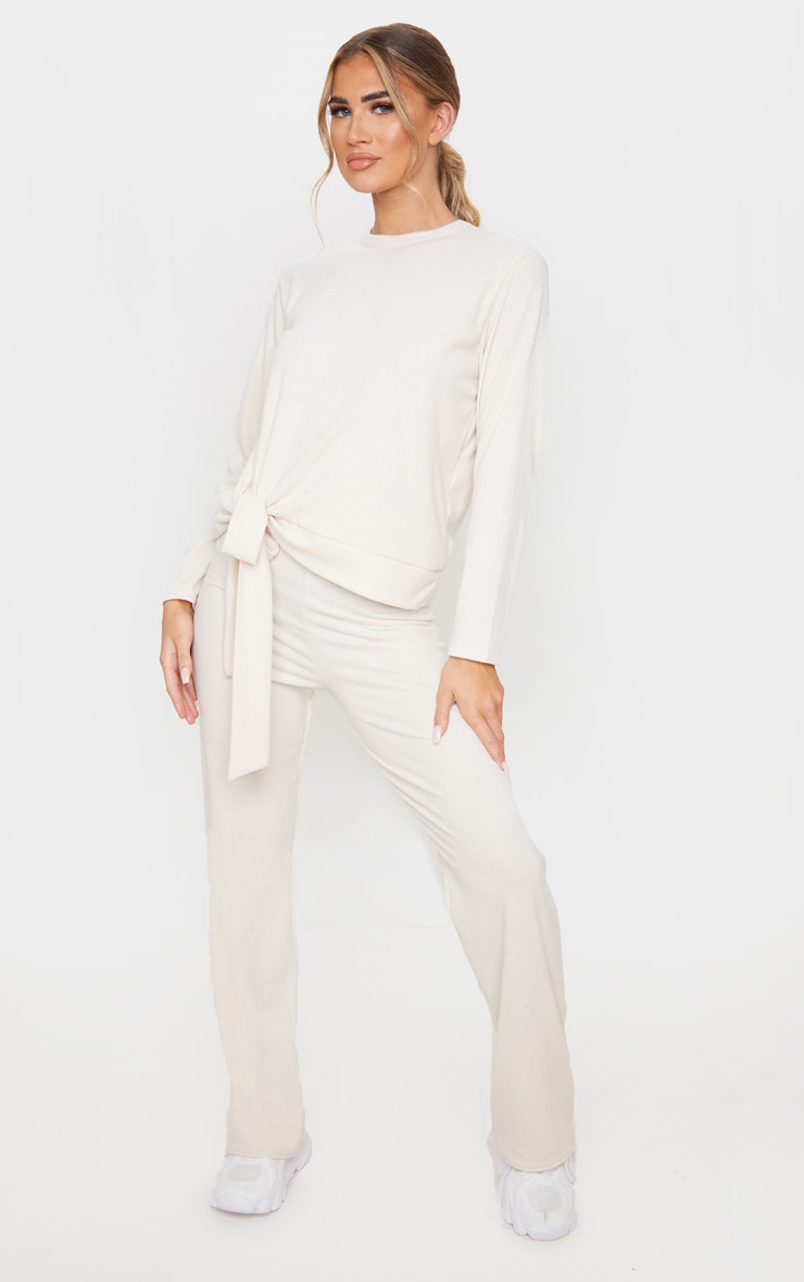 Oatmeal Brushed Rib Tie Front Lounge Set