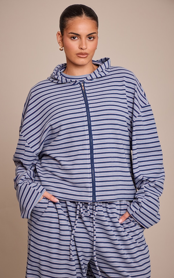 Plus Navy Striped Soft Fleece Zip Up Hoodie