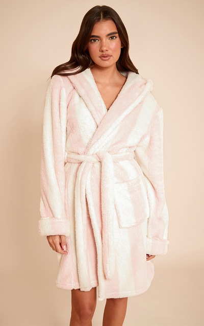 Pink Stripe Fleece Hooded Short Dressing Gown