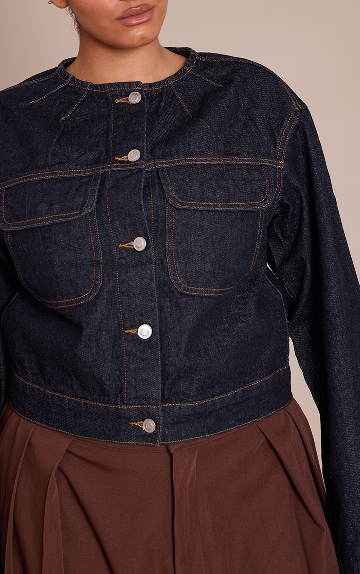 Plus Raw Indigo Wash Collarless Detail Denim Jacket image 4