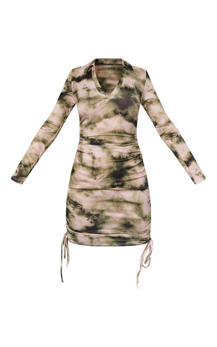 Green Tie Dye Ruched Polo Collar Bodycon Dress image 5