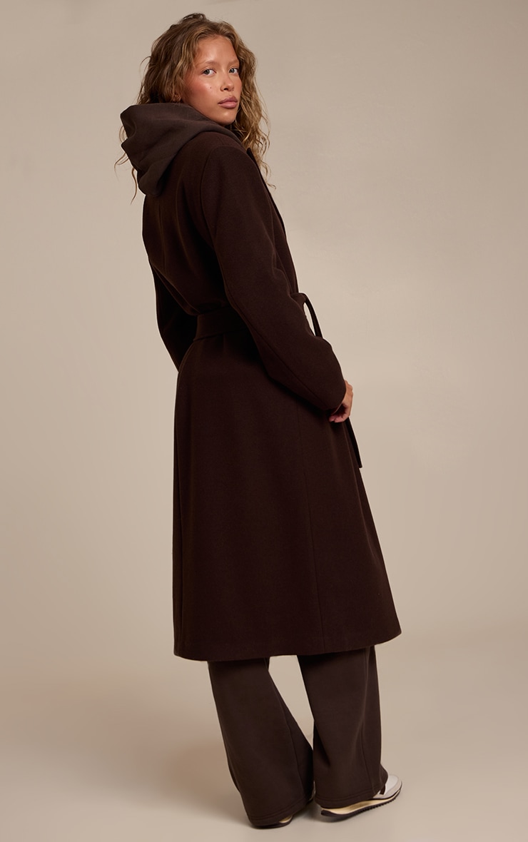 Brown Single Breasted Self Tie Wool Look Maxi Coat image 2