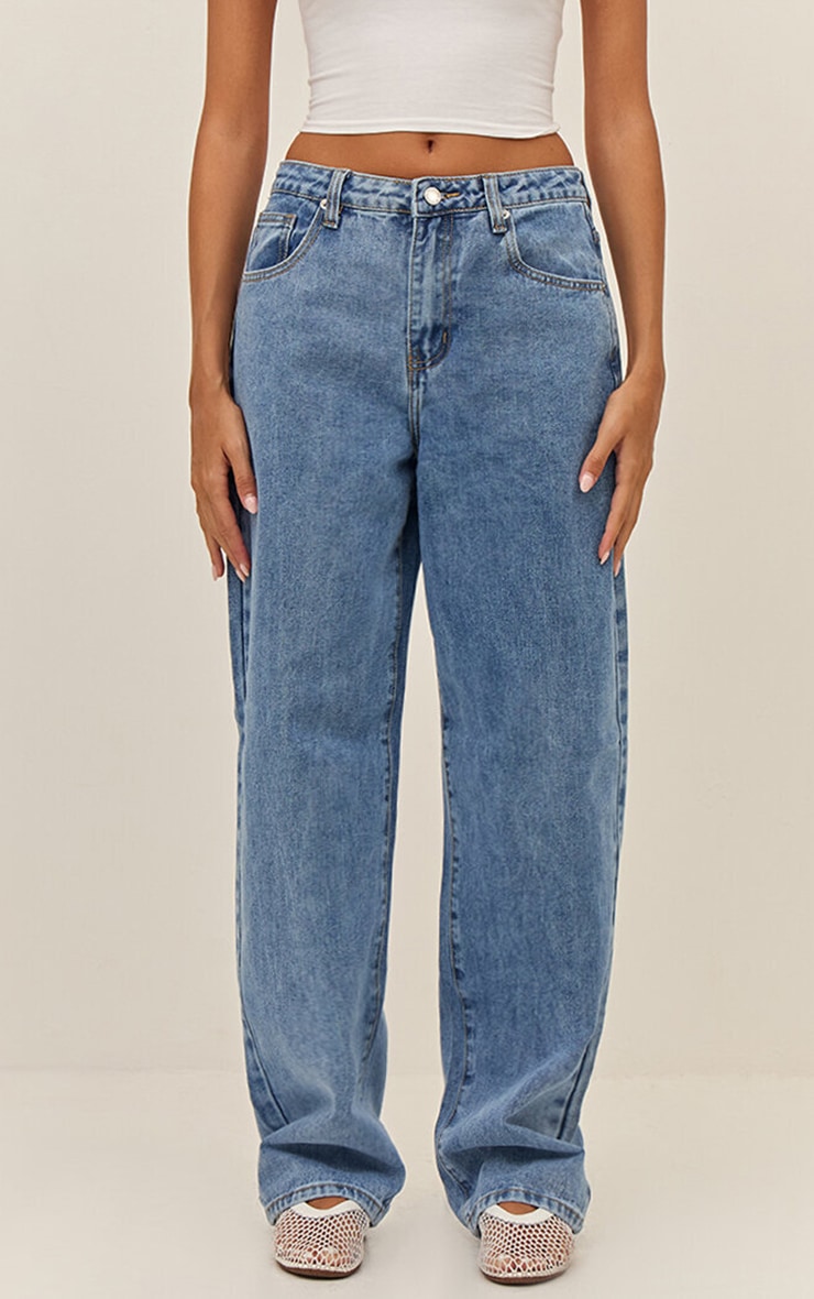 PRETTYLITTLETHING Mid Blue Wash High Waist Boyfriend Jeans image 1