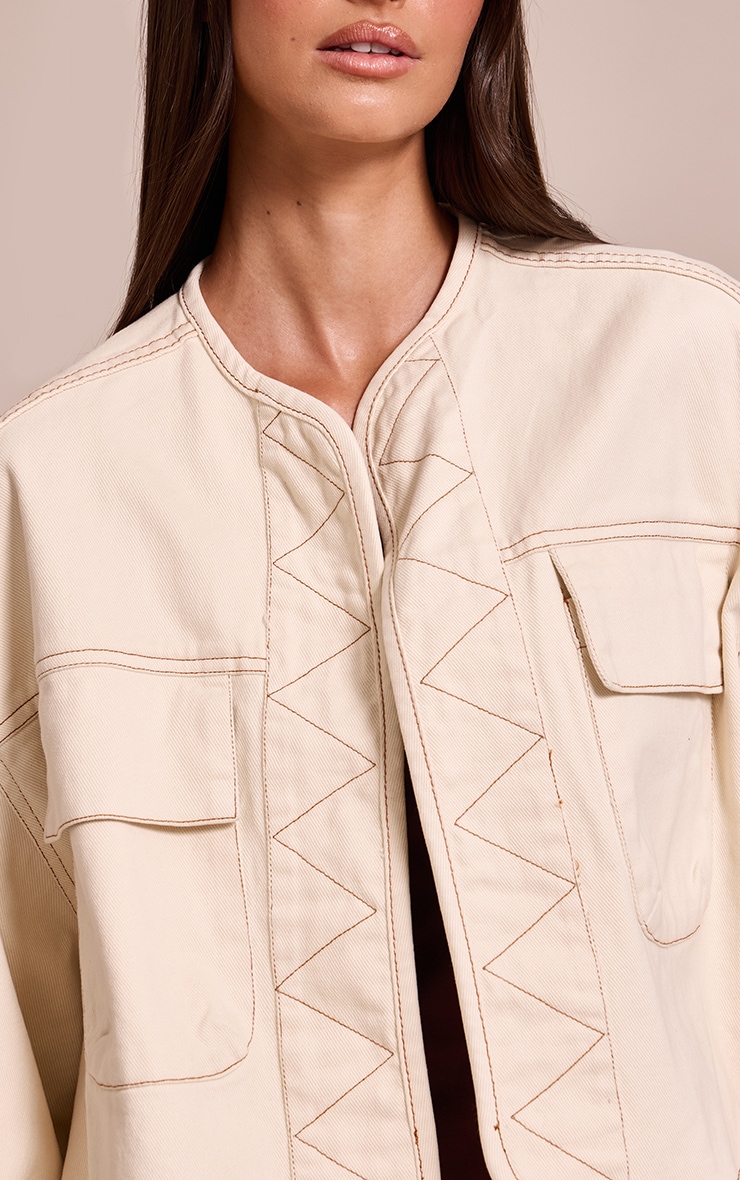 Ecru Curved Hem Cropped Denim Jacket image 4