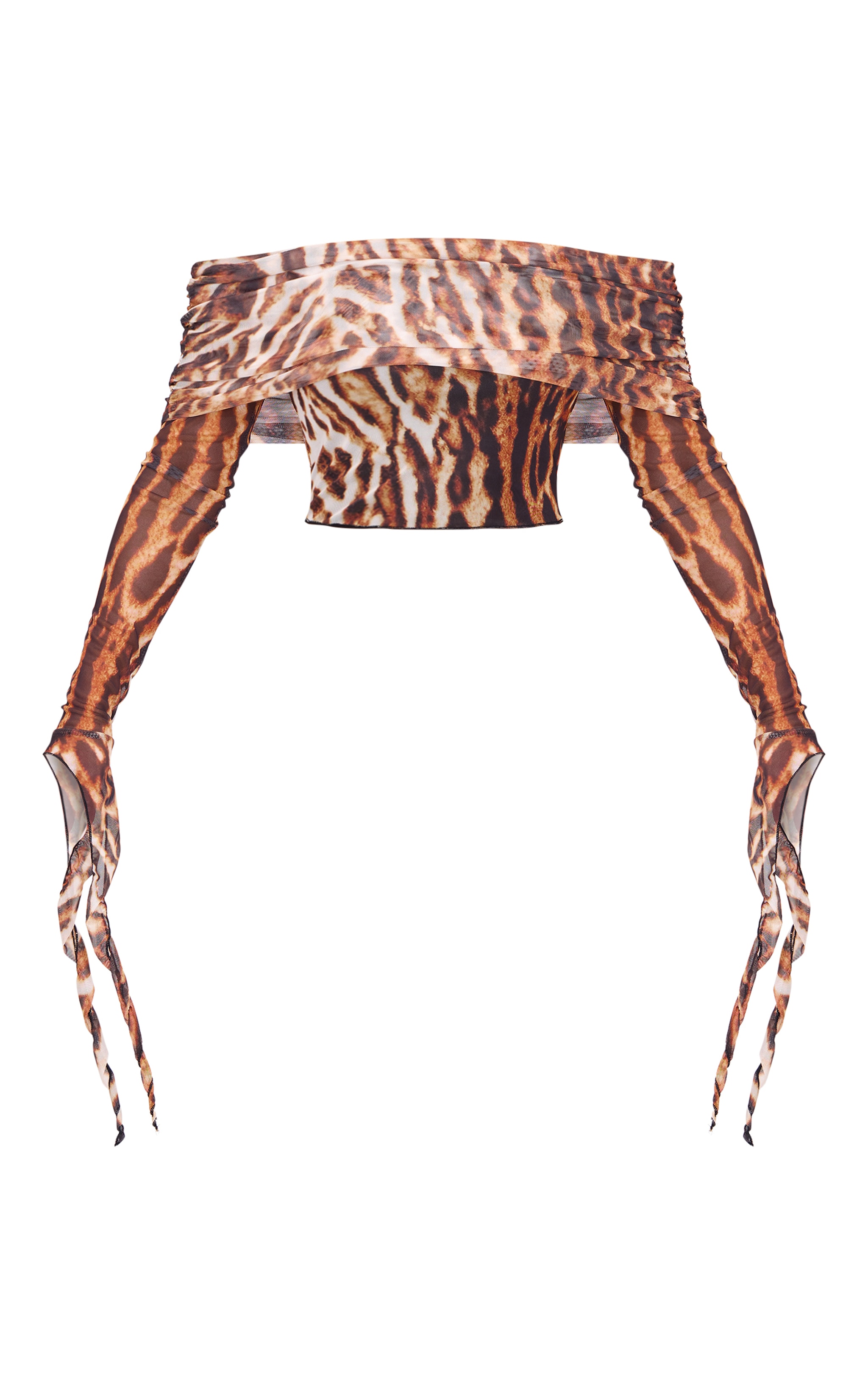 Brown Leopard Mesh Ultra Long Drape Sleeve Crop Top image 5