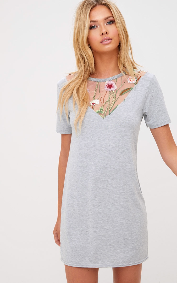 Grey Marl Embroidered Insert T Shirt Dress. Dresses PrettyLittleThing