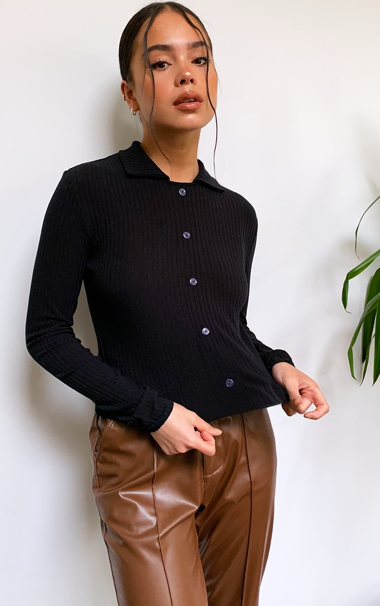 Black Rib Button Up Fitted Shirt
