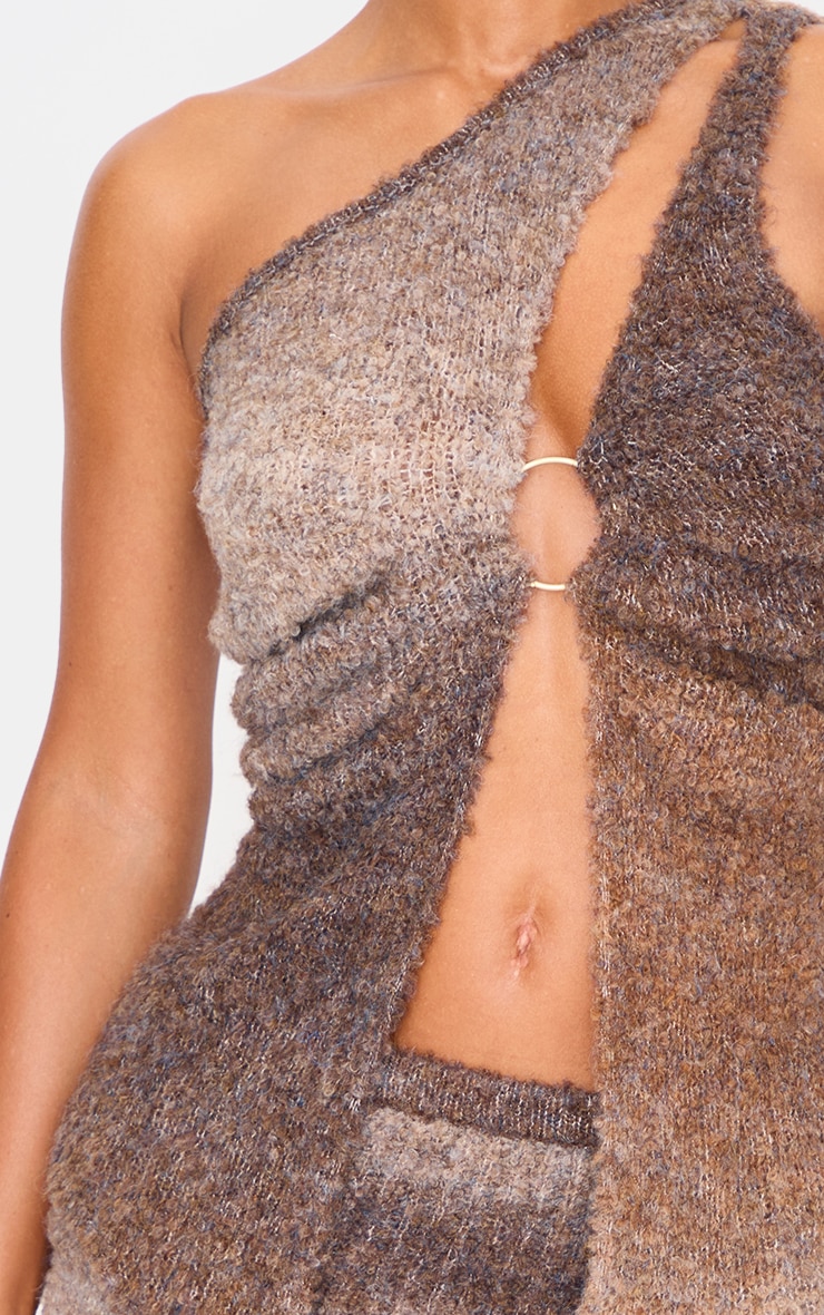 Mocha Stripe Textured Knit O Ring Asymmetric Cut Out Top image 4