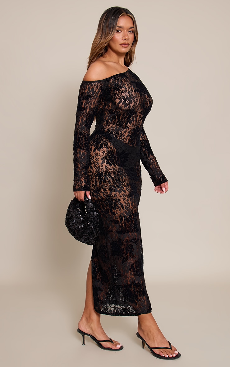 Shape Black Flocked Lace Long Sleeve Maxi Dress image 3