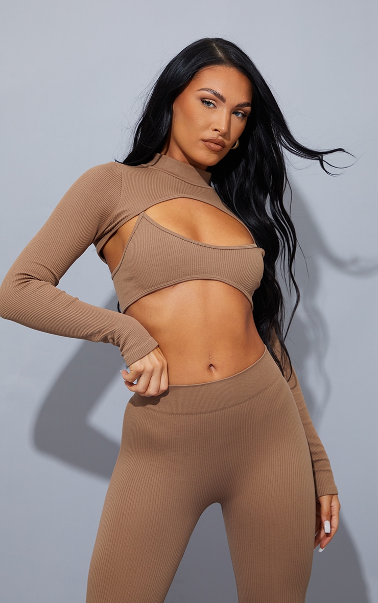 Brown Structured Contour Rib Cut Out High Neck Long Sleeve Crop Top image 3