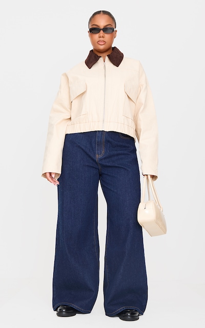 Plus Veste en maille sergée beige à col contrastant