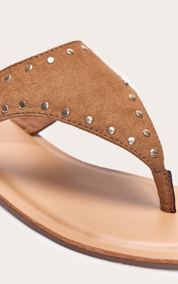 Tan Faux Suede Stud Detail Toe Thong Flat Sandals image 4