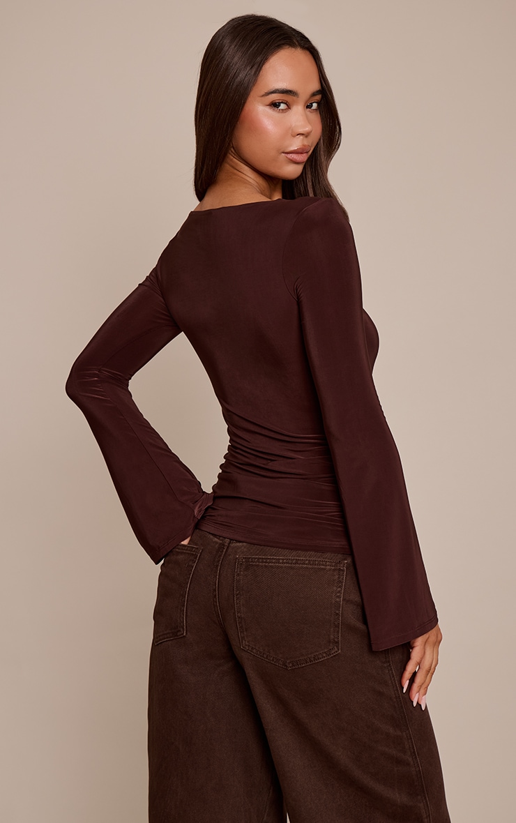 Chocolate Double Layer Slinky Shoulder Detail Long Sleeve Top image 2