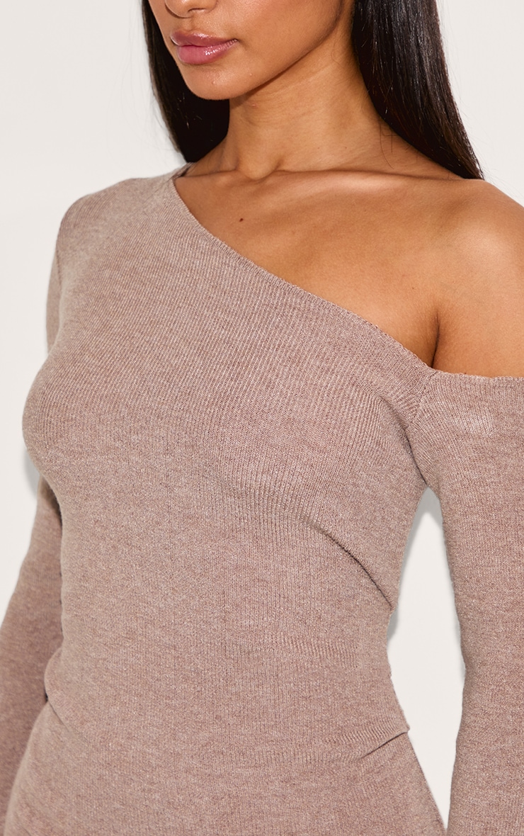 Petite Taupe Asymmetric Shoulder Ribbed Mini Dress image 4