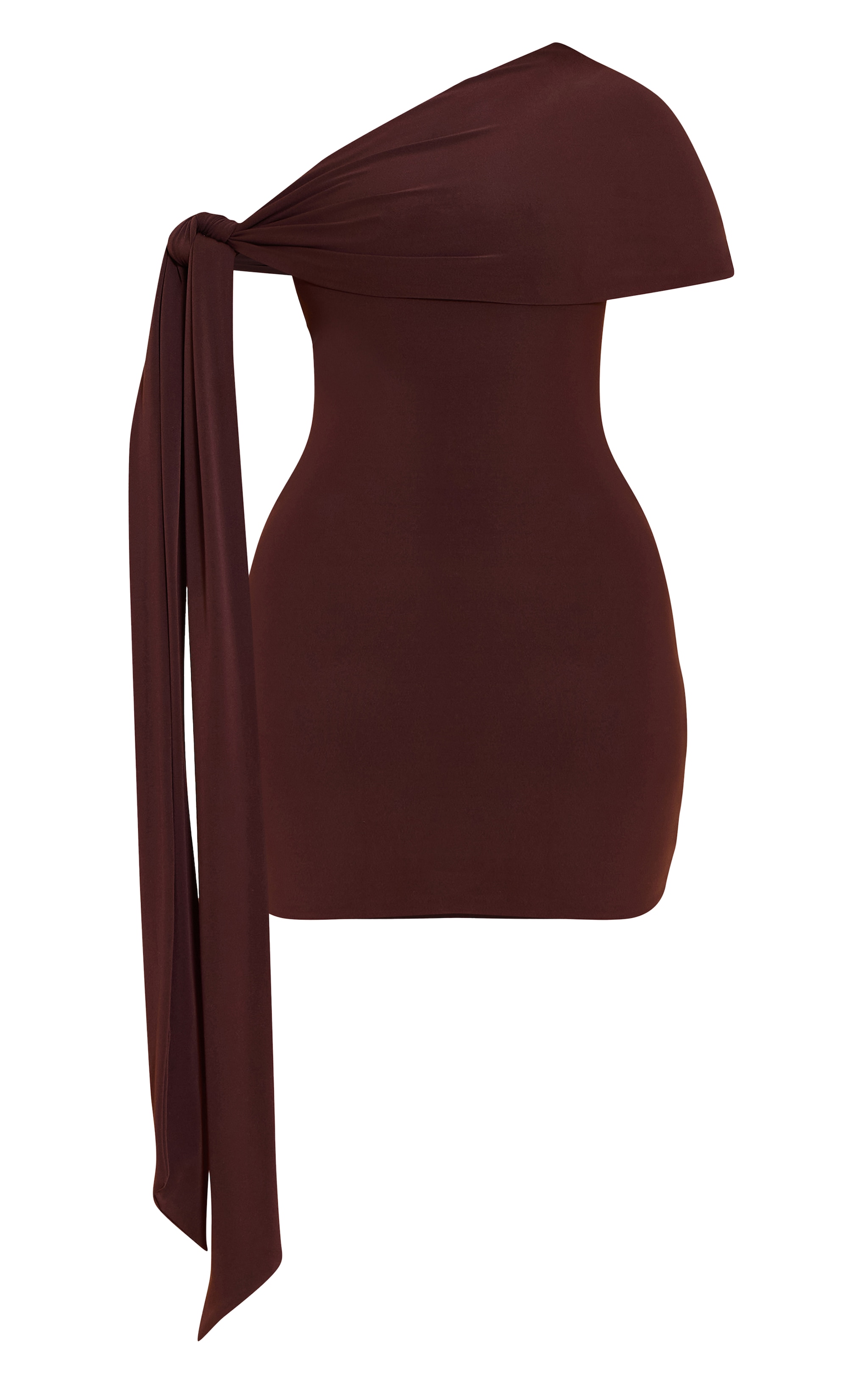 Shape Chocolate Soft Touch Fold Over Asymetrical Tie Side Mini Dress image 5