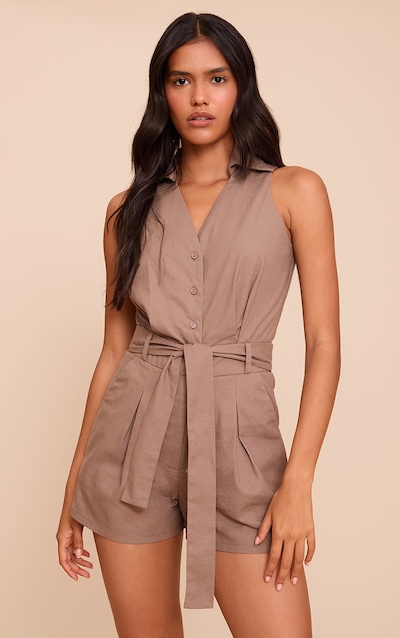 Combishort utilitaire tissé gris champignon sans manches à ceinture