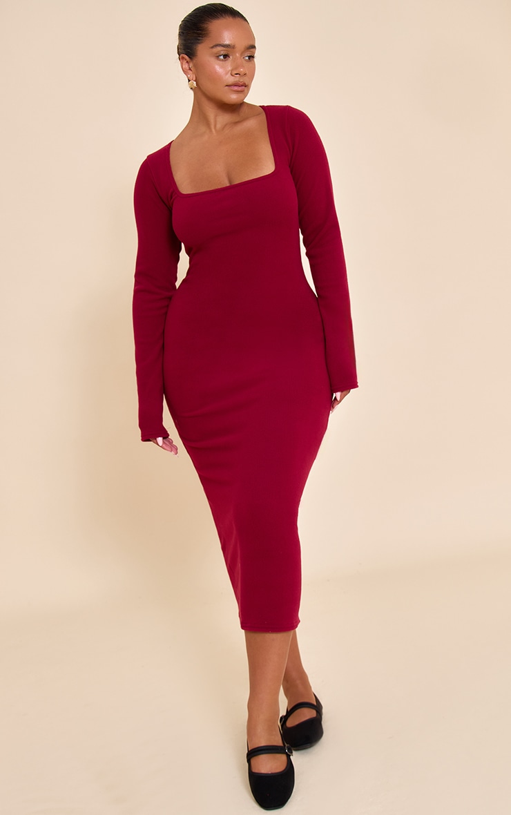 Shape Burgundy Micro Rib Square Neck Long Sleeve Maxi Dress image 1