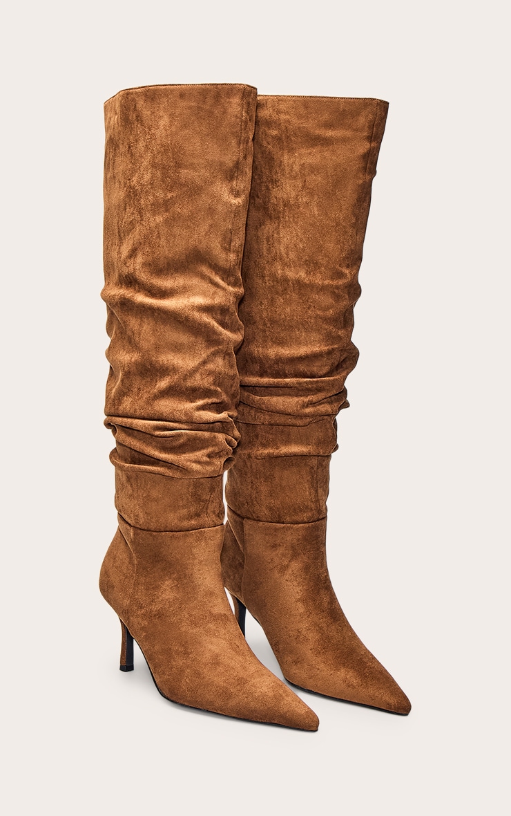 Bottes hautes en suédine marron clair froncées à talon image 3