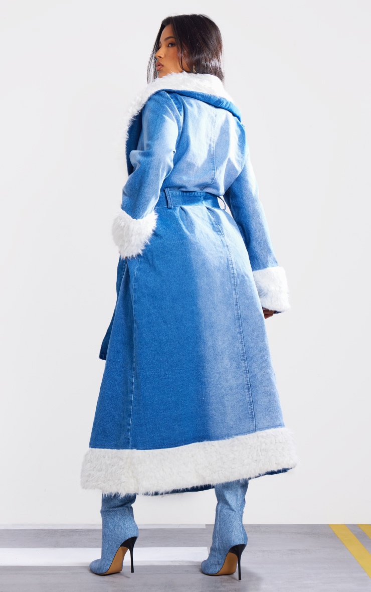  Indigo Blue Wash Faux Fur Trim Contrast Denim Maxi Coat image 2