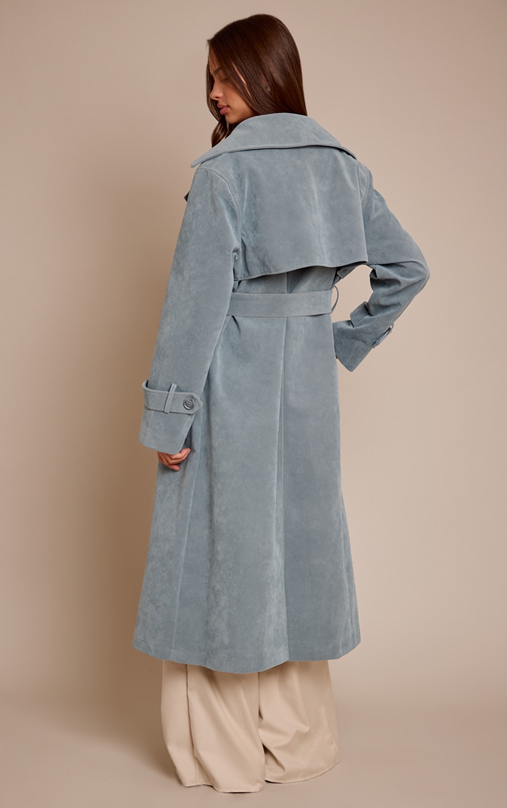 Dusty Blue Faux Suede Belted Trench Coat image 2