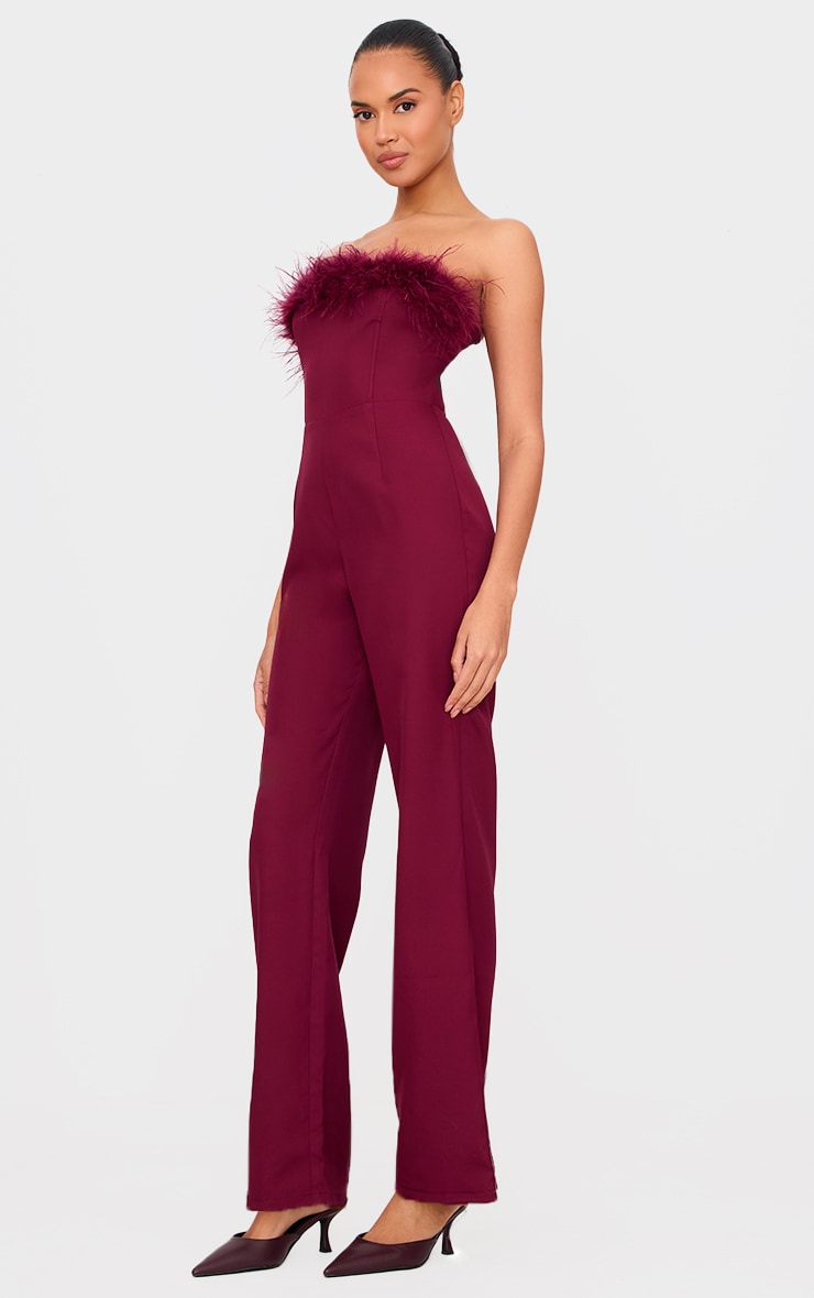 Burgundy Faux Fur Bandeau Straight Leg Jumpsuit image 3