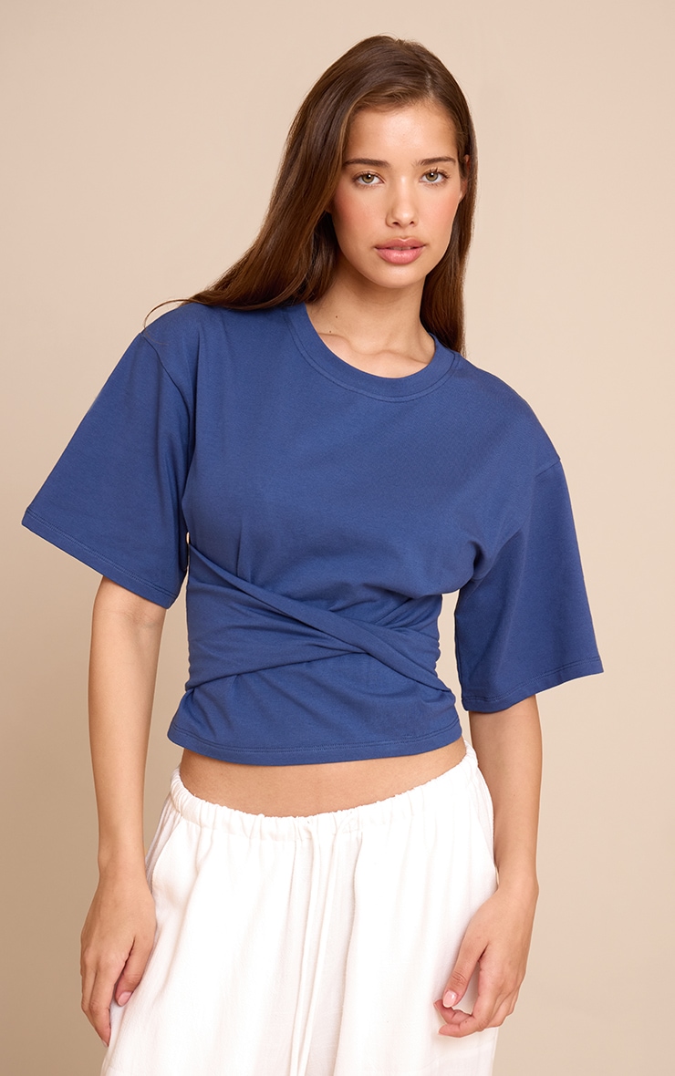 Blue Cotton Wrap Front T Shirt image 3