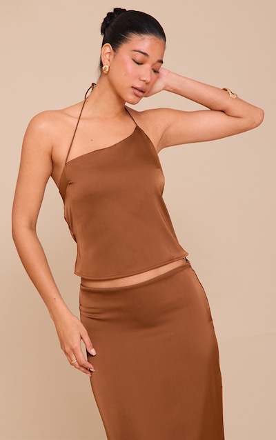 Chocolate Satin Halterneck Crop Top