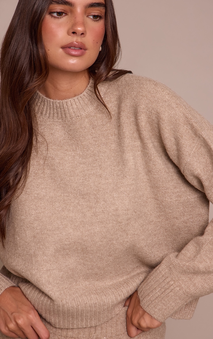 Taupe Marl Knitted Cropped Crew Neck Jumper image 4