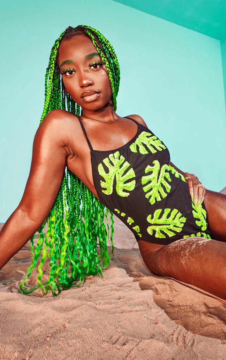 Black Palm Sequin Straight Neck Swimsuit