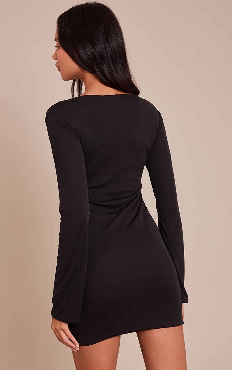 Black Onion Skin Boat Neck Flute Sleeve Mini Bodycon Dress image 2