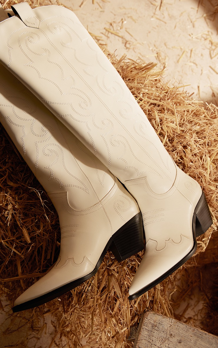 Cream PU Point Toe Heart Stitched Western Knee High Heeled Boots image 4