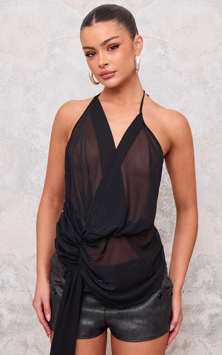 Black Ruched Front Chiffon Drape Detail Long Top image 3