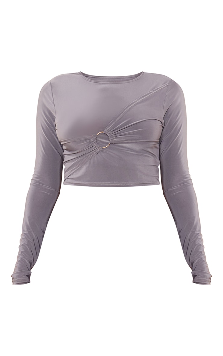 Petite Charcoal Long Sleeve Slinky Crop Top image 5