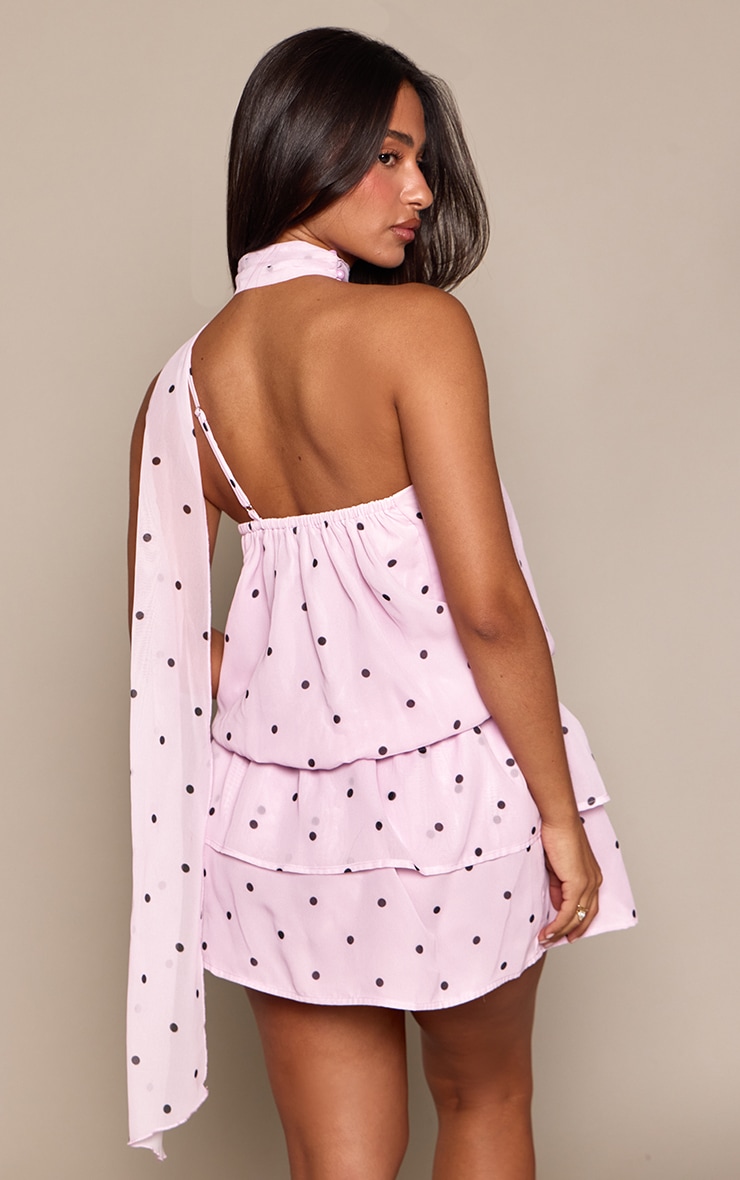 Petite Pink Polka Dot Chiffon Scarf Detail Ruffle Shift Mini Dress image 2