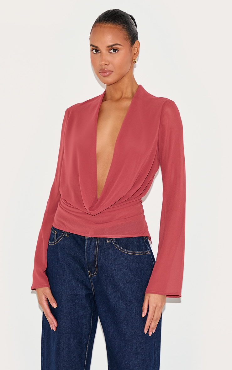 Blush Rose Chiffon Long Sleeve Sheer Cowl Blouse image 1