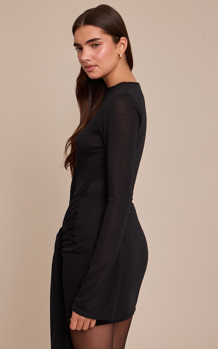 Black Textured Jersey Wrap Waist Bodycon Dress image 2