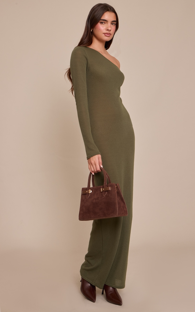 Khaki Textured Jersey Asymmetric Long Sleeve Maxi Dress image 3