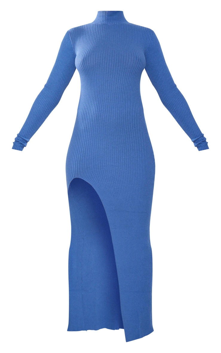Blue Knitted Ribbed Side Split Maxi Dress Knitwear PLT KSA